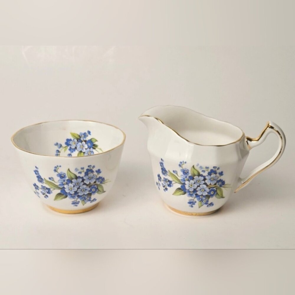Vintage Windsor Bone China Creamer Sugar Bowl Forget Me Not England